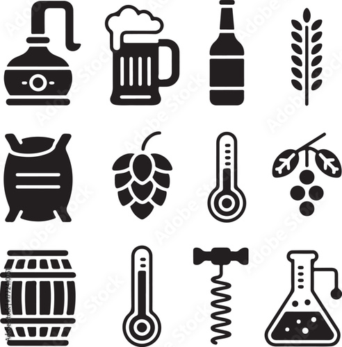 Brewing equipment icons set craft beer making ingredients process tools collection