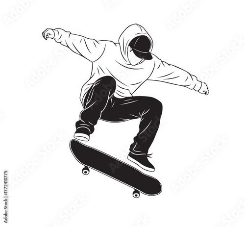 Skateboarder in midair performing jump trick on skateboard, wearing hoodie and cap
