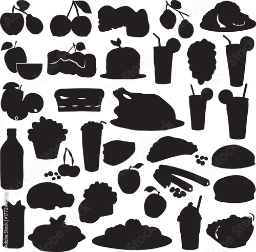 Assortment of black silhouette icons representing food and beverages like fruits cakes and drinks