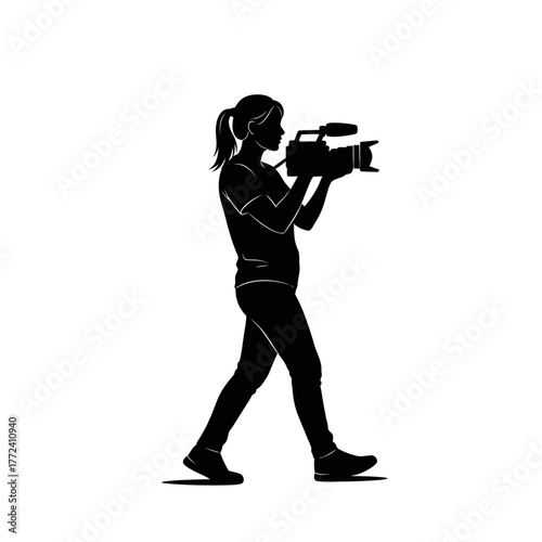 Graceful Female Photographer Silhouette Holding Camera Walking Side View Black and White
