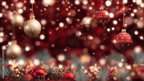 Festive Christmas ornaments and pine branches with bokeh lights and snowflakes