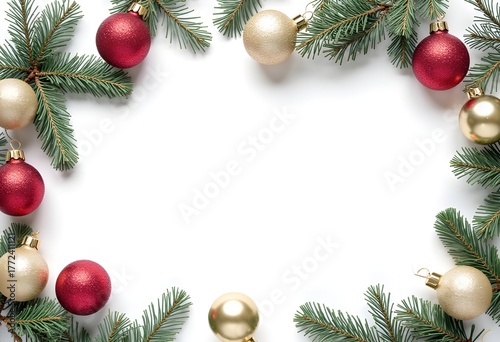 christmas frame with christmas tree branches and balls