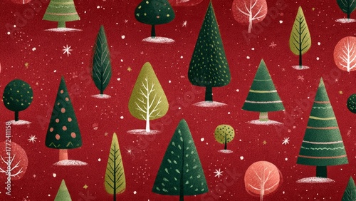 Stylized evergreen and deciduous trees with snow dots and stars on a red background
