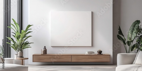 Minimalist living room with empty canvas on wall.
