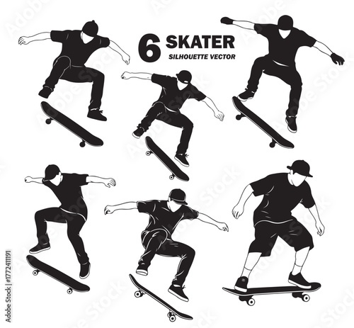 Six dynamic silhouette illustrations skateboarders performing various tricks, captured in midaction poses against clean, showcasing the energy and skill skateboarding