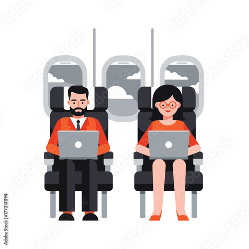 Man and woman working on laptops in airplane seats