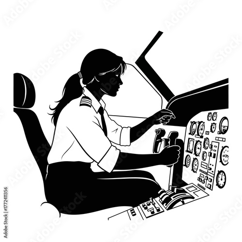 Confident Female Pilot Operating Aircraft Controls in a Cockpit View Silhouette Illustration