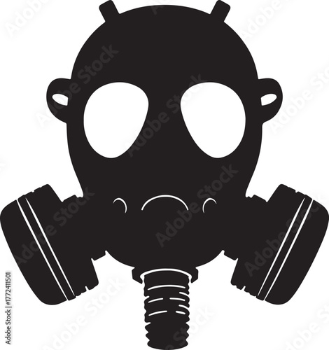 Black silhouette of a gas mask with a sad expression and two side canisters on a white background