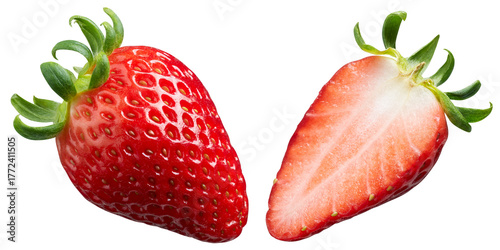 Whole and cut half ripe strawberry isolated