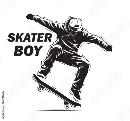 Bold silhouette skater boy executing trick on skateboard, with the text skater boy prominently displayed, isolated on