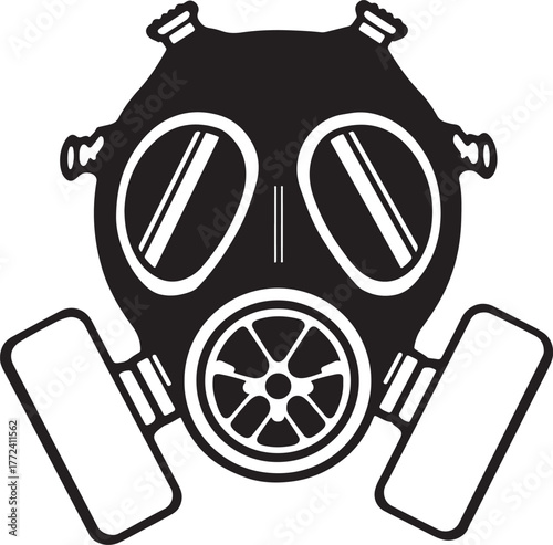 Black silhouette of a modern gas mask with two side canisters and a circular filter on a white background