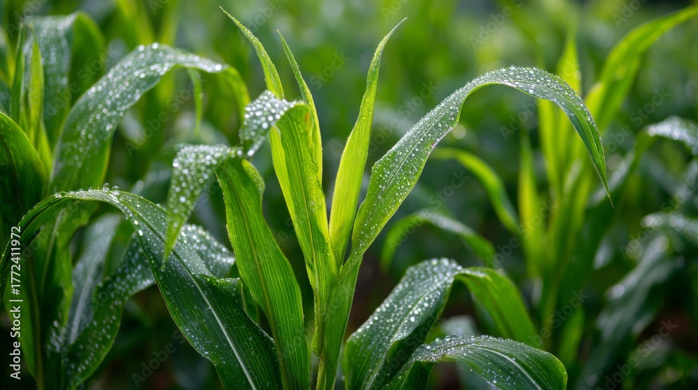 Obraz premium Fresh Green Corn Plants with Dew Drops in a Lush Agricultural Field Under Morning Light