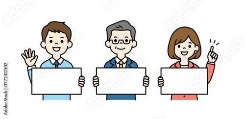パネルを持って告知する、年配の社長とビジネスマンの上半身ベクターイラスト素材セット＿カラー