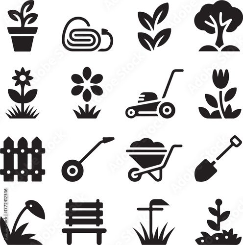 Gardening icon set plant flower tree lawn mower tools fence bench and more icons