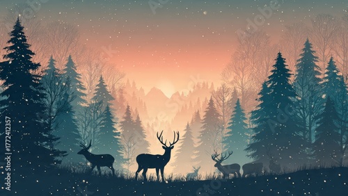 Silhouettes of deer grazing in a snowy forest with a vibrant sunset sky