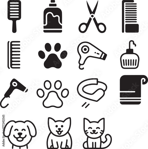 Cute pet grooming icons set includes dog cat hairdryer comb scissors shampoo and towel
