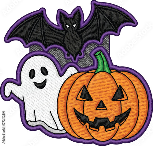 Spooky Halloween trio featuring a grinning jack-o'-lantern, friendly ghost, and watchful bat creates festive holiday charm