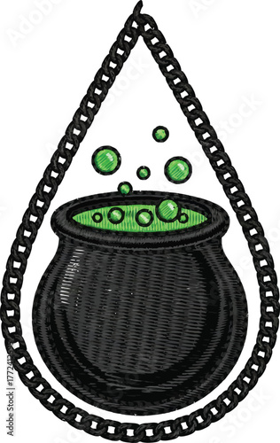 Whimsical black cauldron bubbles with vibrant green potion and chain detail, perfect for festive Halloween designs.
