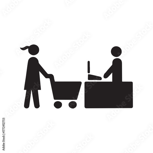 Shopping icon, male person with shopping cart in a glyph pictogram illustration.