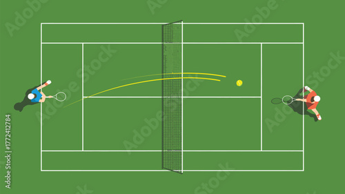 Aerial view of tennis match with players net ball and court lines in a cartoon style illustration
