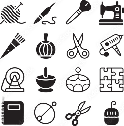 Collection of craft and sewing icons yarn needles scissors sewing machine and more