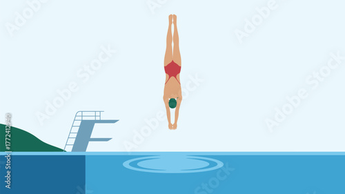 A diver in red swimsuit diving headfirst into a swimming pool with diving board on the side view image