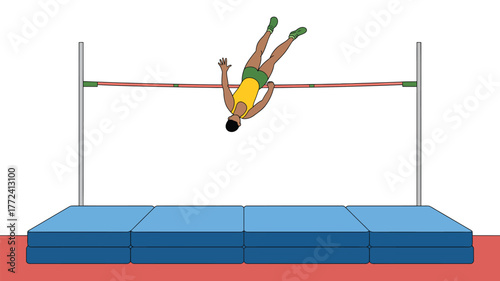 A high jumper clearing the bar with a blue mat below and a red surface in the background area