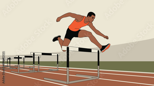 Athlete jumping over hurdles on a track in an illustration style with an orange tank top on the track