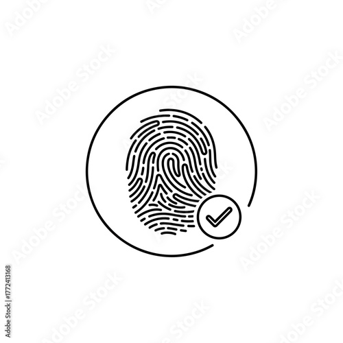 Secure Fingerprint Scan Icon in Circle with Check Mark Symbol, Biometric Authentication Technology Verified Concept