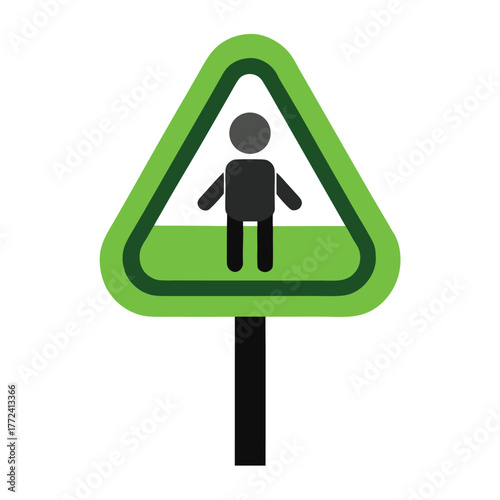 Cautionary road sign with a pedestrian crossing symbol in a green triangular frame indicating attention and safety guidance