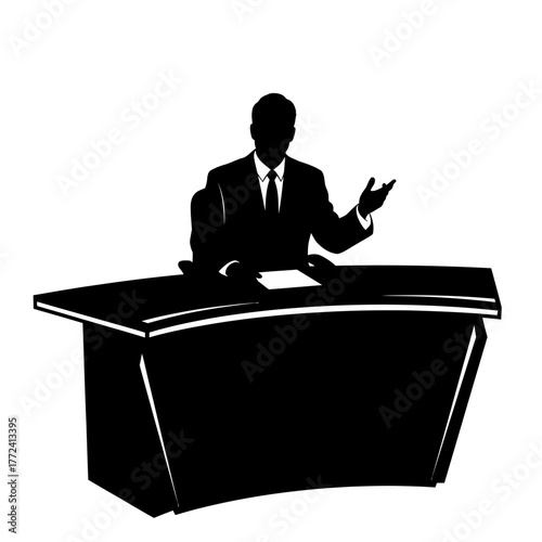 Man Sitting at News Desk Presenting News Report.