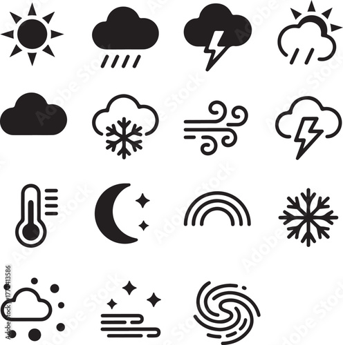 Diverse weather icons for forecasting and climate information simple symbols