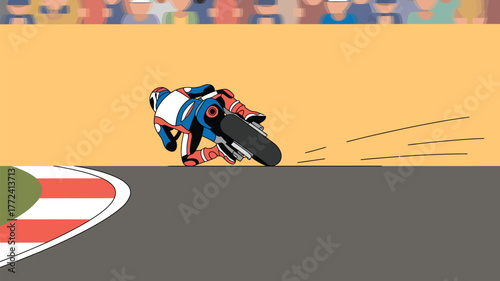 A motorcycle racer leans into a turn on the track with spectators in the background at the racetrack