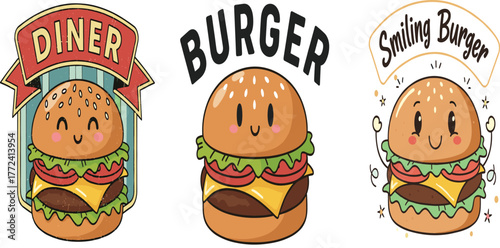 Set of Cute Smiling Burger Mascot Cartoon Illustrations for Diner and Restaurant Design.