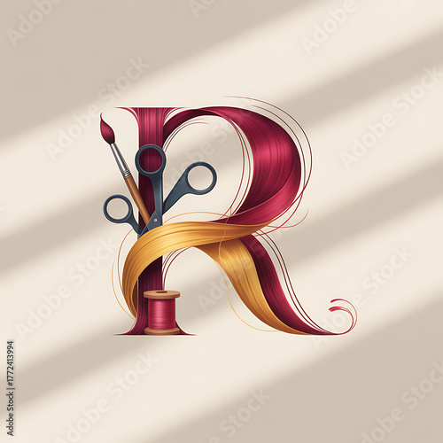 Letter R formed by flowing red and gold hair with scissors and thread spool alphabet typography