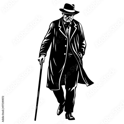 Elderly Man Walking with Cane and Hat Silhouette Vector