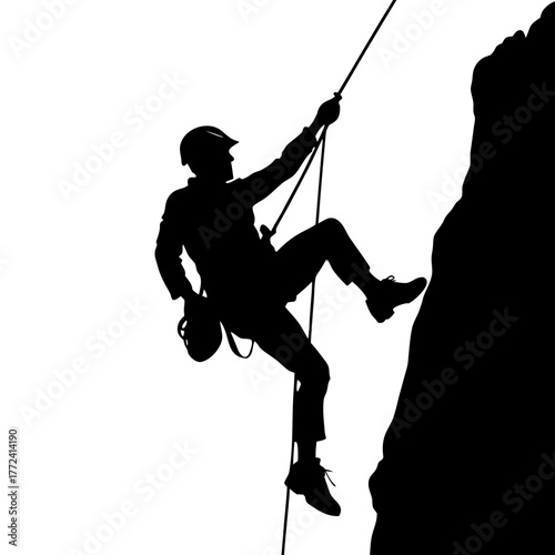 Mountain Climber Rappelling Down Cliff Silhouette Vector