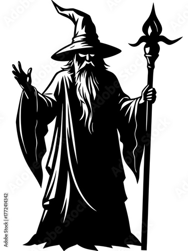 Fantasy Wizard Sorcerer with Staff Silhouette Vector Illustration