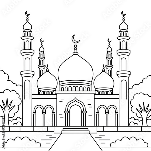 Beautiful Mosque Line Art Coloring Page for Kids and Adults
