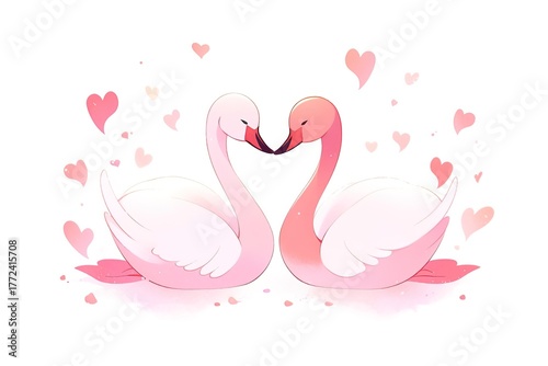 Fototapeta Naklejka Na Ścianę i Meble -  Romantic artwork of two swans kissing, isolated on clean white background, highlighting concepts of marriage, couple bonds and everlasting love, great for print design, branding and invitations