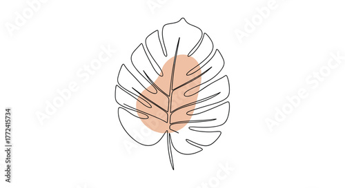 Minimalist line art drawing of a Monstera leaf with a tan oval background, evoking botanical elegance and modern simplicity in decor.