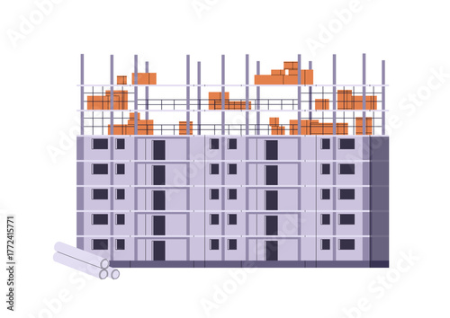 Incomplete multistory residential house. Building site with skyscraper under construction. New condominium in process. Multi storey panel block of flats. Flat isolated vector illustration on white