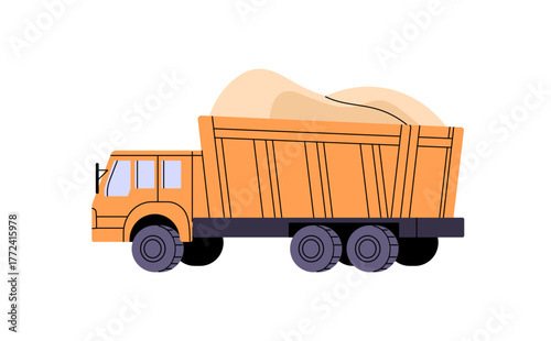 Yellow dump truck carries pile of sand to construction, building. Dumper works in sandpit. Tipper, engine, transport for delivery of soil, coal. Flat isolated vector illustration on white background