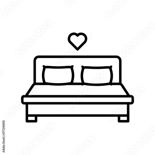 Cozy love nest icon: Simple bed with heart above it evoking warmth, comfort, and romance. Perfect for Valentine's Day promos, travel deals, or home decor.