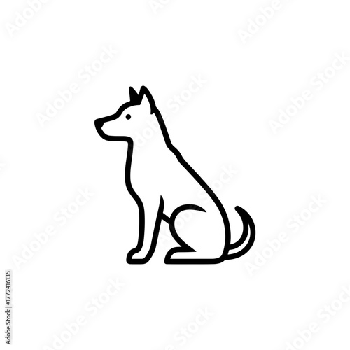 Simple black line drawing of a dog sitting, elegant minimalist pet icon, perfect for veterinary clinic logo or adoption campaign design, originally vector