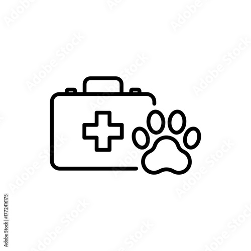 Pet first aid kit and paw print icon for veterinary clinic or animal hospital logo, symbolizing care, health, safety, and professional services