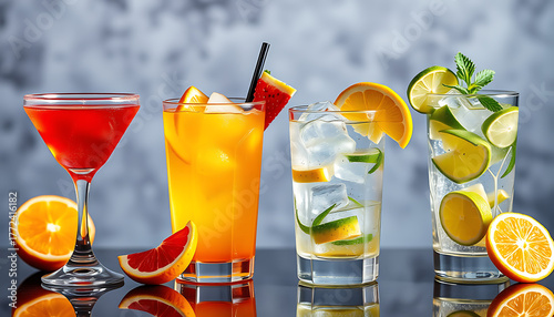 Refreshing cocktails with citrus fruits colorful summer drinks for party served in different glasses on a dark reflective surface