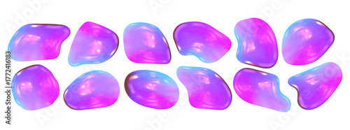 Glossy Y2K 3D chrome shape in holographic light. Abstract metallic design radiates shiny reflections and sleek 3D chrome y2k shape.