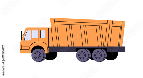 Empty yellow dump truck for delivery of heavy weight, cargos. Dumper to work in sandpit, carry sand, coal, gravel. Tipper, transport for construction site. Flat isolated vector illustration on white