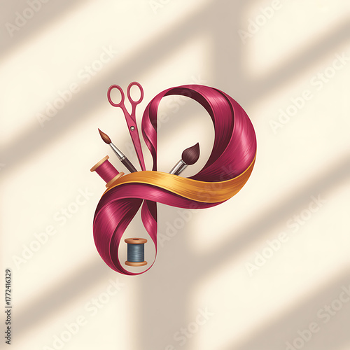 Red ribbon forming letter P with sewing and art supplies scissors